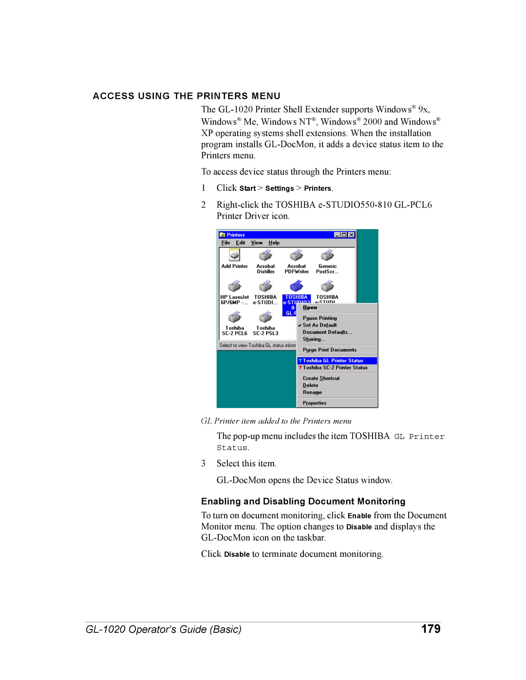 Toshiba GL-1020 manual 179, Access Using the Printers Menu, Enabling and Disabling Document Monitoring 