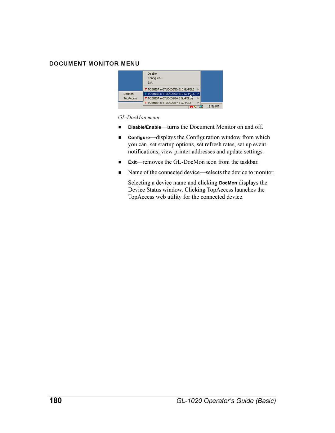 Toshiba GL-1020 manual 180, Document Monitor Menu 