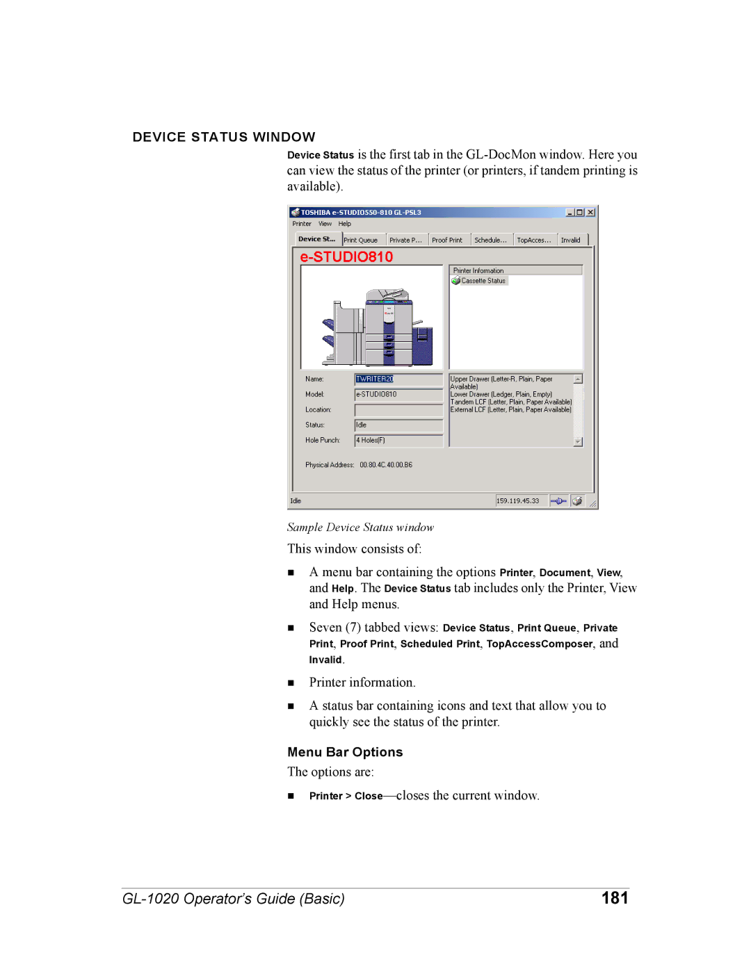 Toshiba GL-1020 manual 181, Device Status Window, Menu Bar Options 