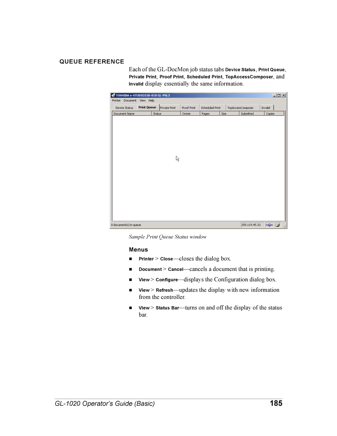 Toshiba GL-1020 manual 185, Queue Reference, Menus 