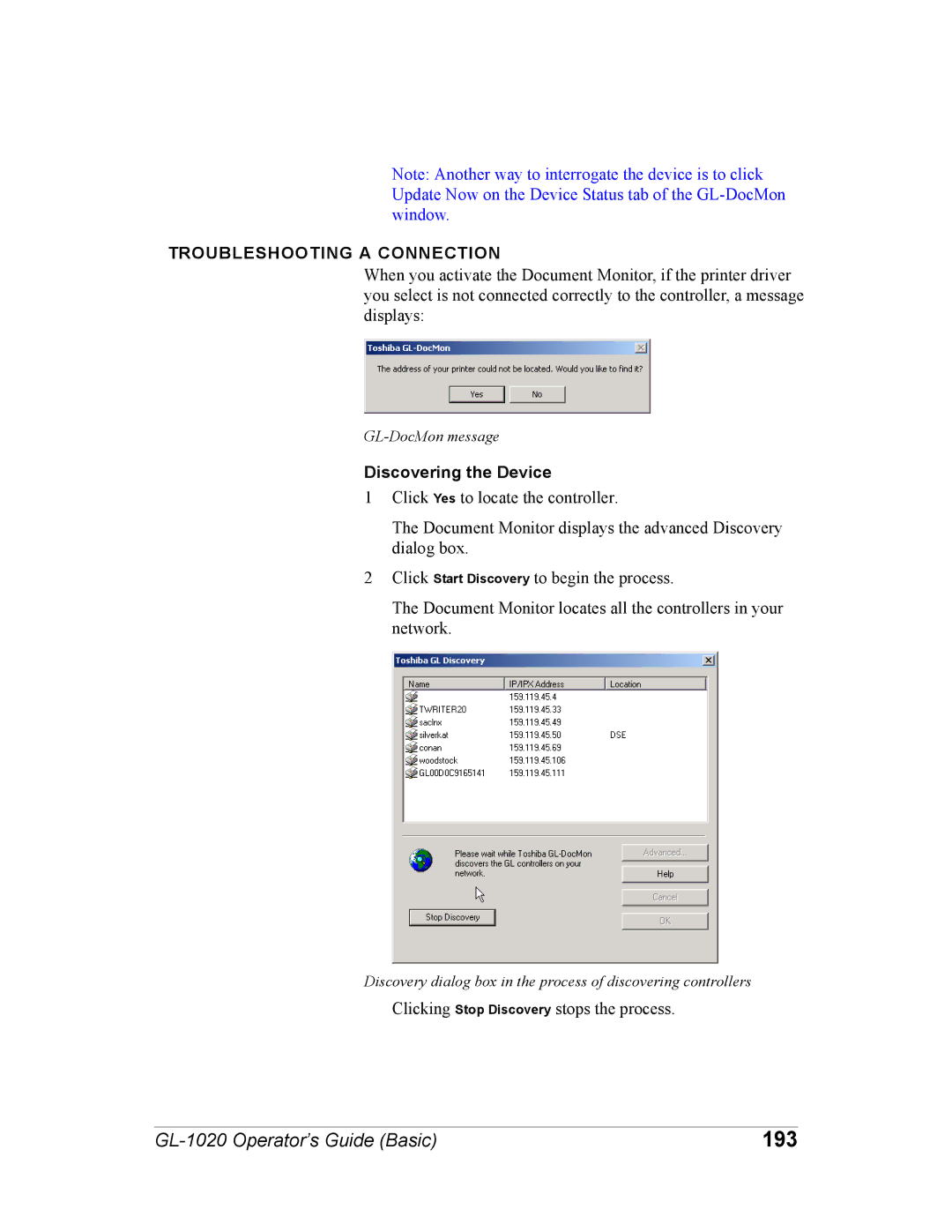 Toshiba GL-1020 manual 193, Troubleshooting a Connection, Discovering the Device 