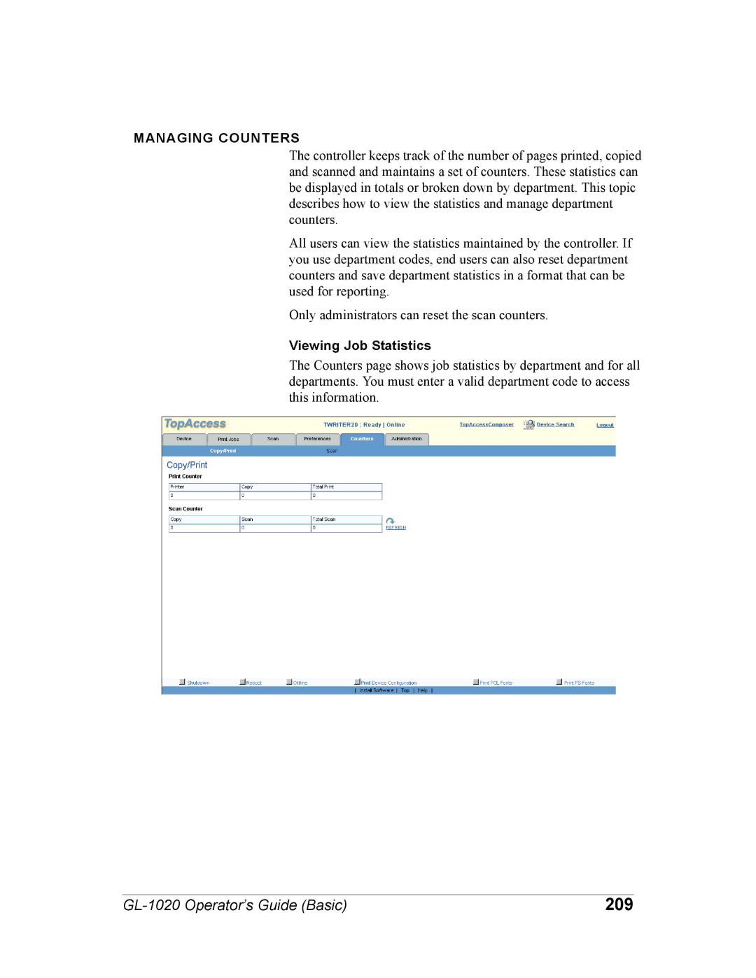 Toshiba GL-1020 manual 209, Managing Counters, Viewing Job Statistics 