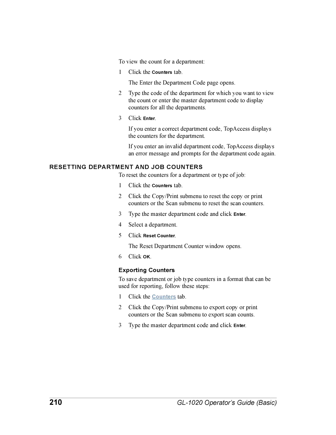 Toshiba GL-1020 manual 210, Resetting Department and JOB Counters, Exporting Counters 