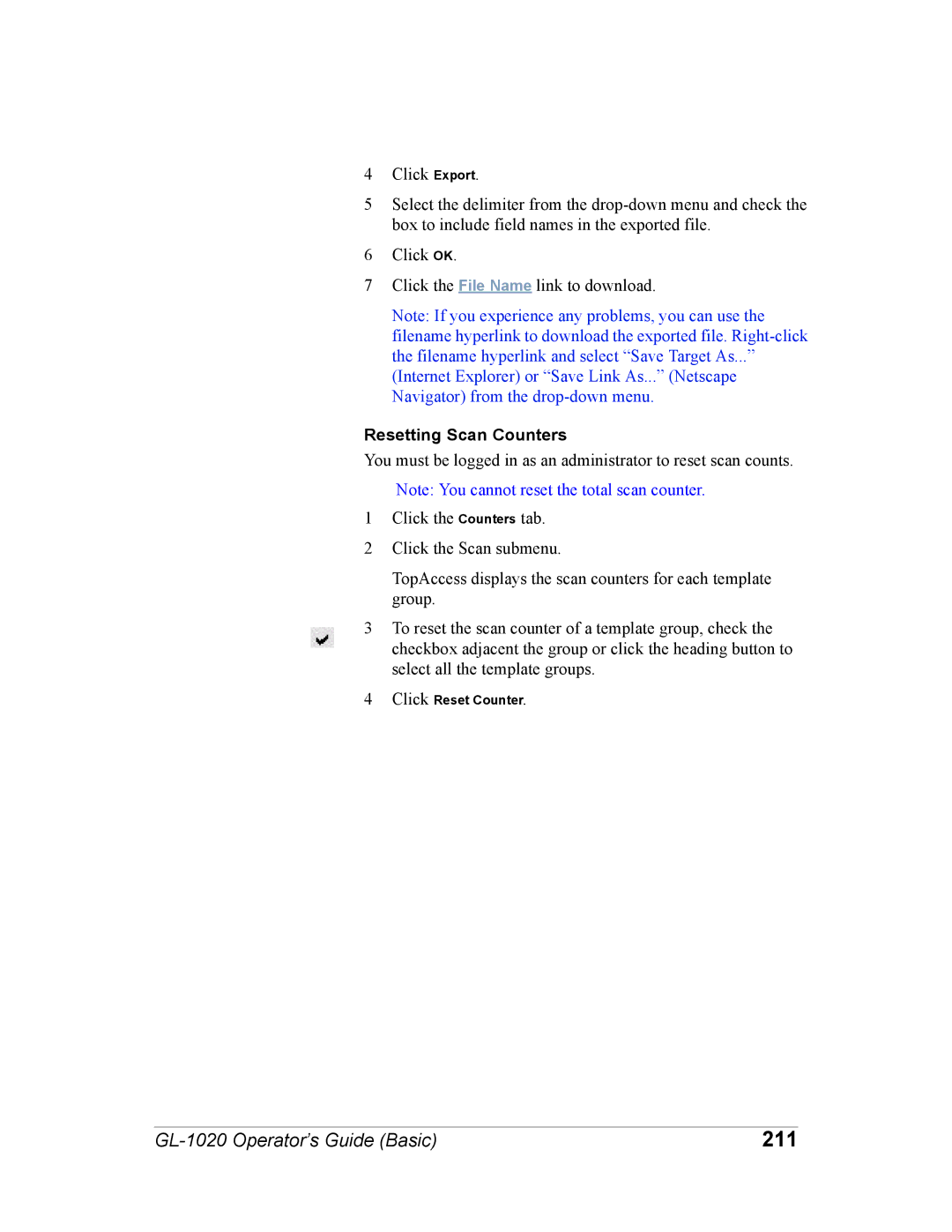 Toshiba GL-1020 manual 211, Resetting Scan Counters 