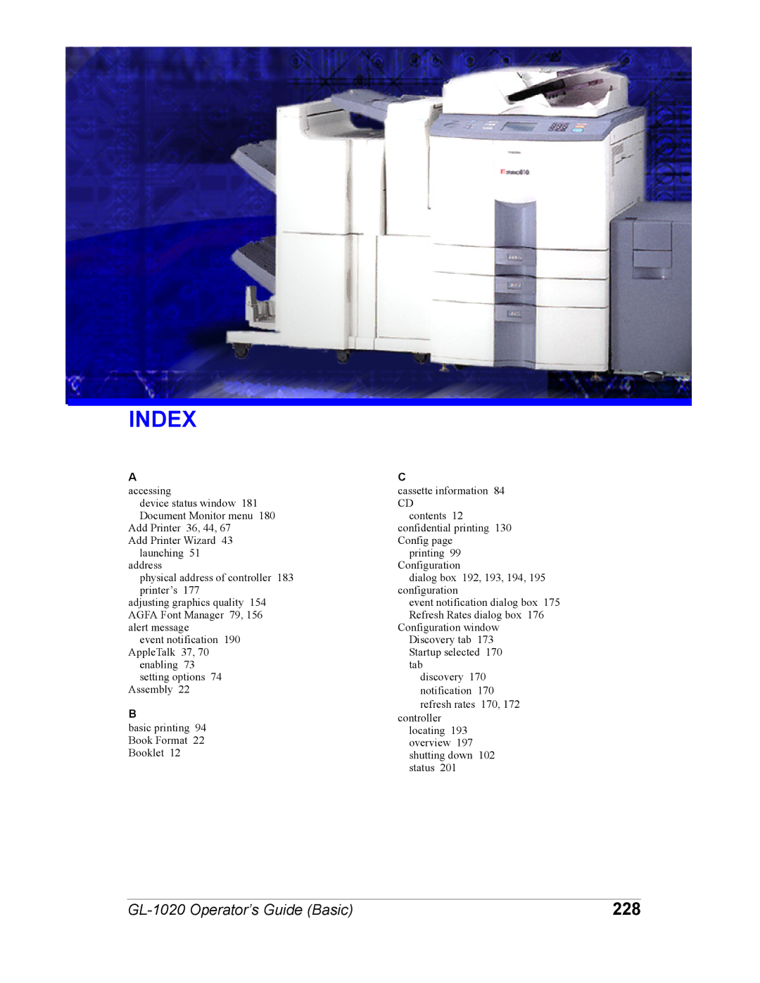 Toshiba GL-1020 manual Index, 228 