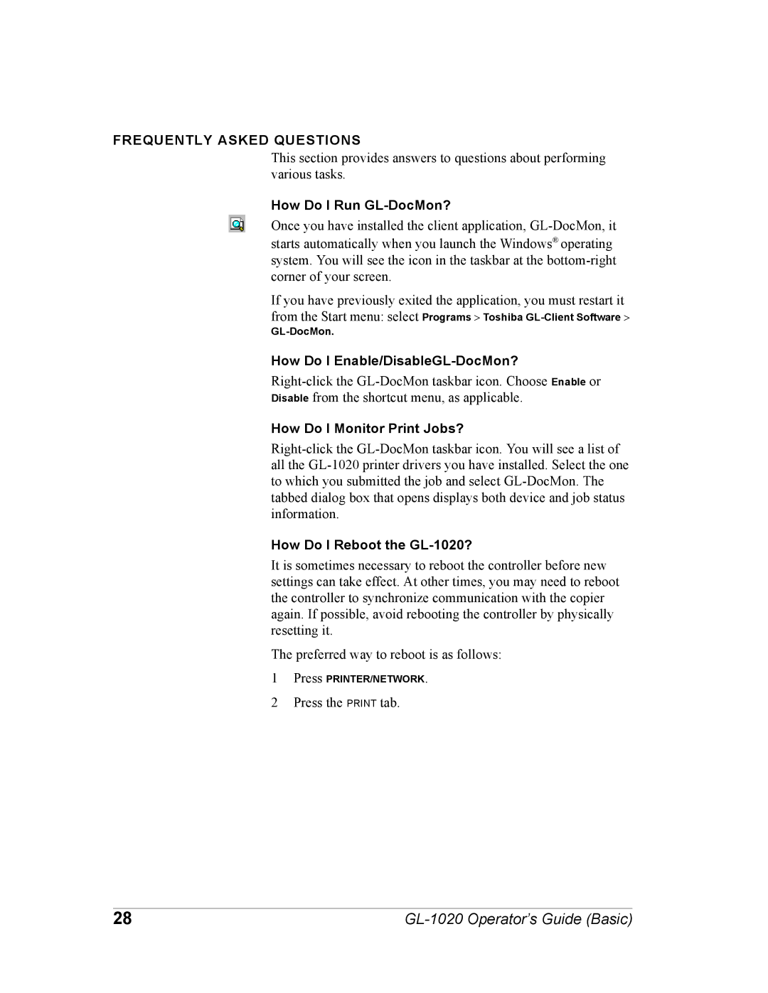 Toshiba GL-1020 manual Frequently Asked Questions, How Do I Run GL-DocMon?, How Do I Enable/DisableGL-DocMon? 