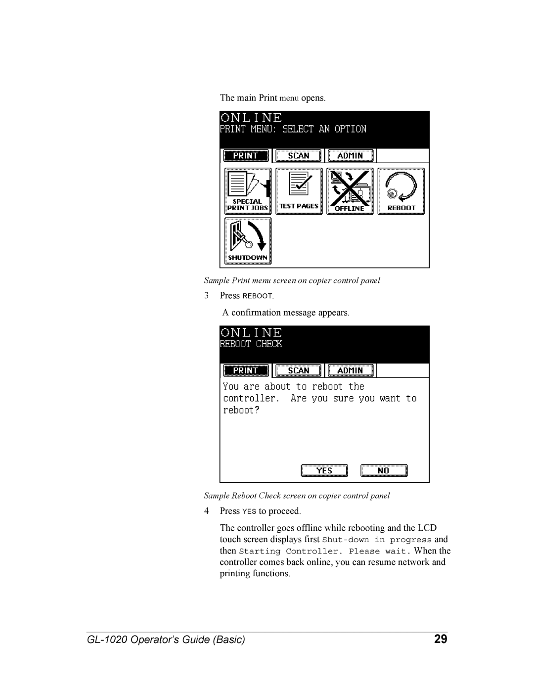 Toshiba GL-1020 manual Main Print menu opens 