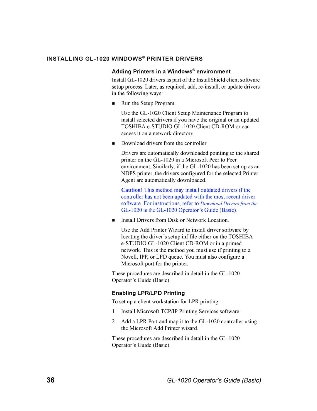 Toshiba Installing GL-1020 Windows Printer Drivers, Adding Printers in a Windows environment, Enabling LPR/LPD Printing 