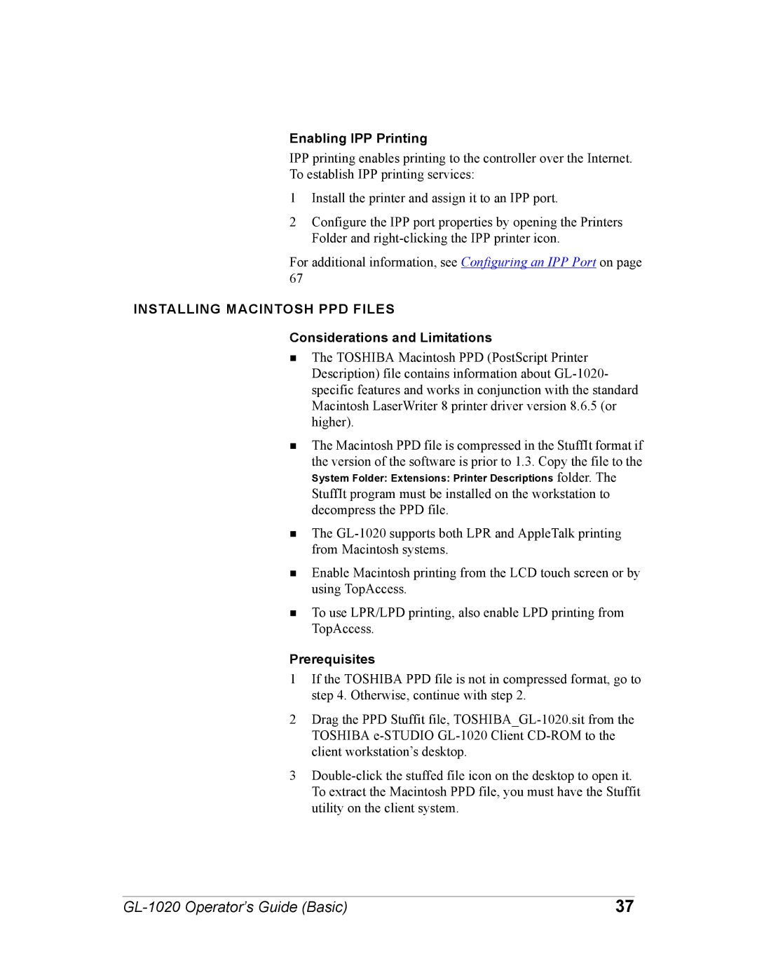 Toshiba GL-1020 manual Enabling IPP Printing, Installing Macintosh PPD Files 