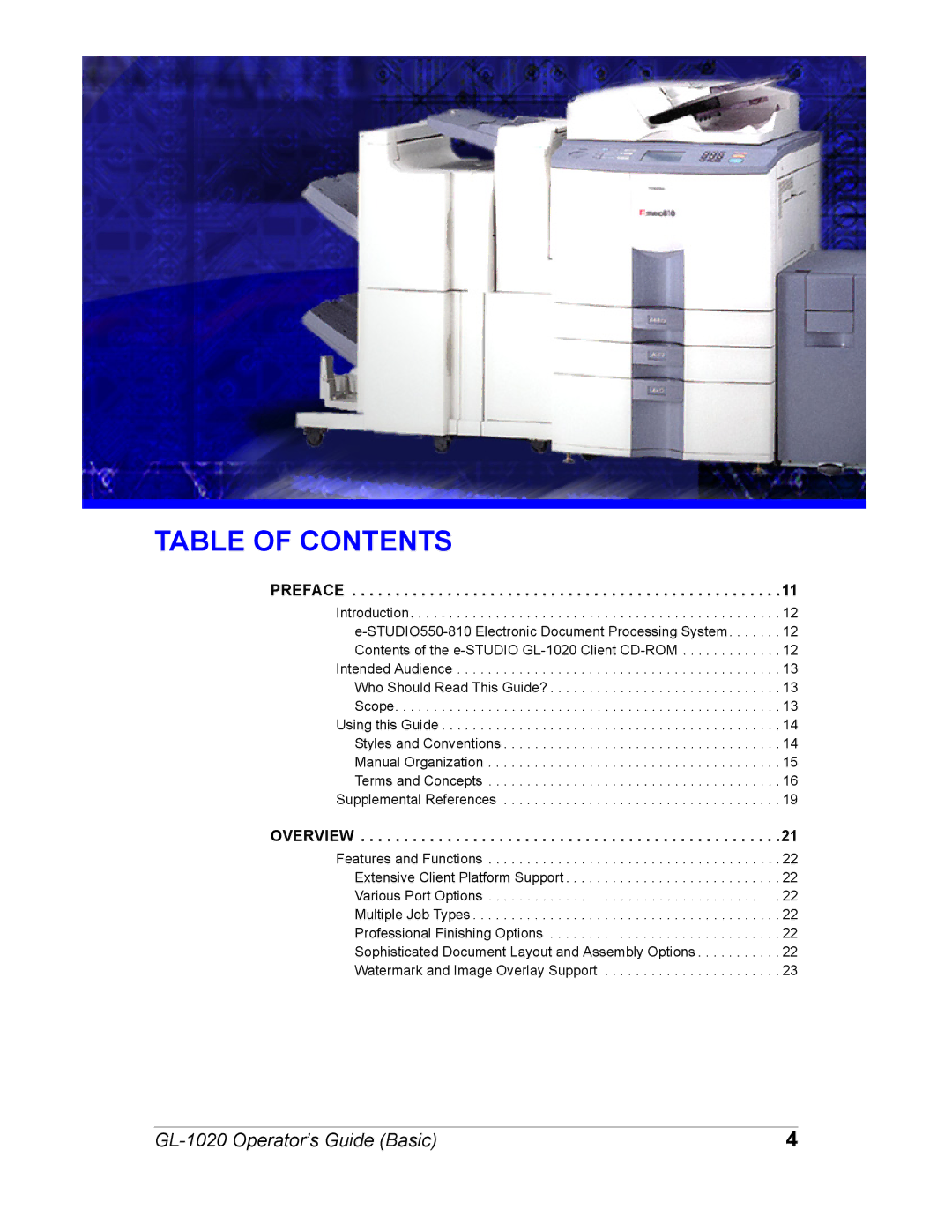 Toshiba GL-1020 manual Table of Contents 