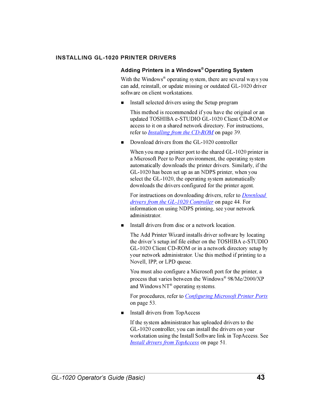 Toshiba manual Installing GL-1020 Printer Drivers, Adding Printers in a Windows Operating System 
