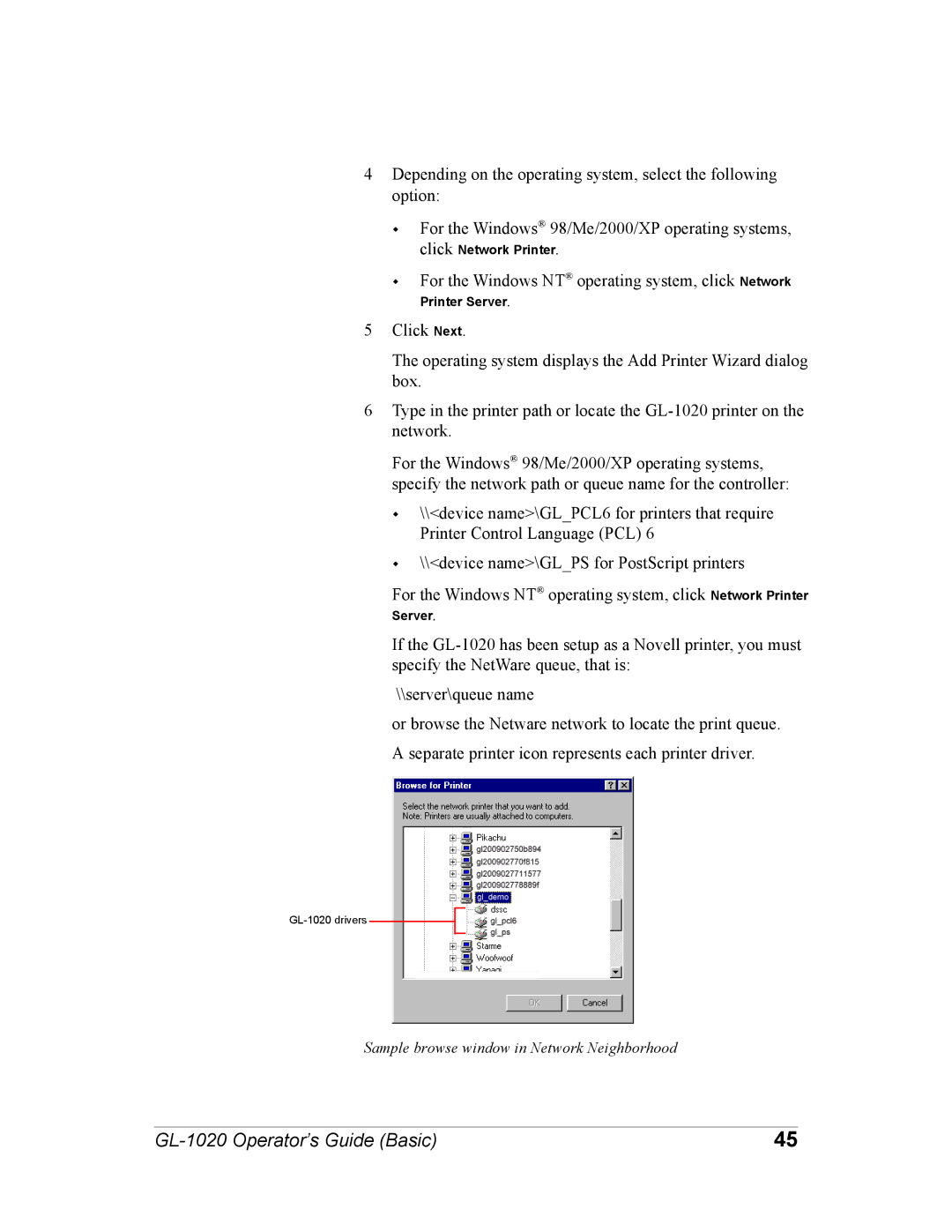 Toshiba GL-1020 manual For the Windows NT operating system, click Network 