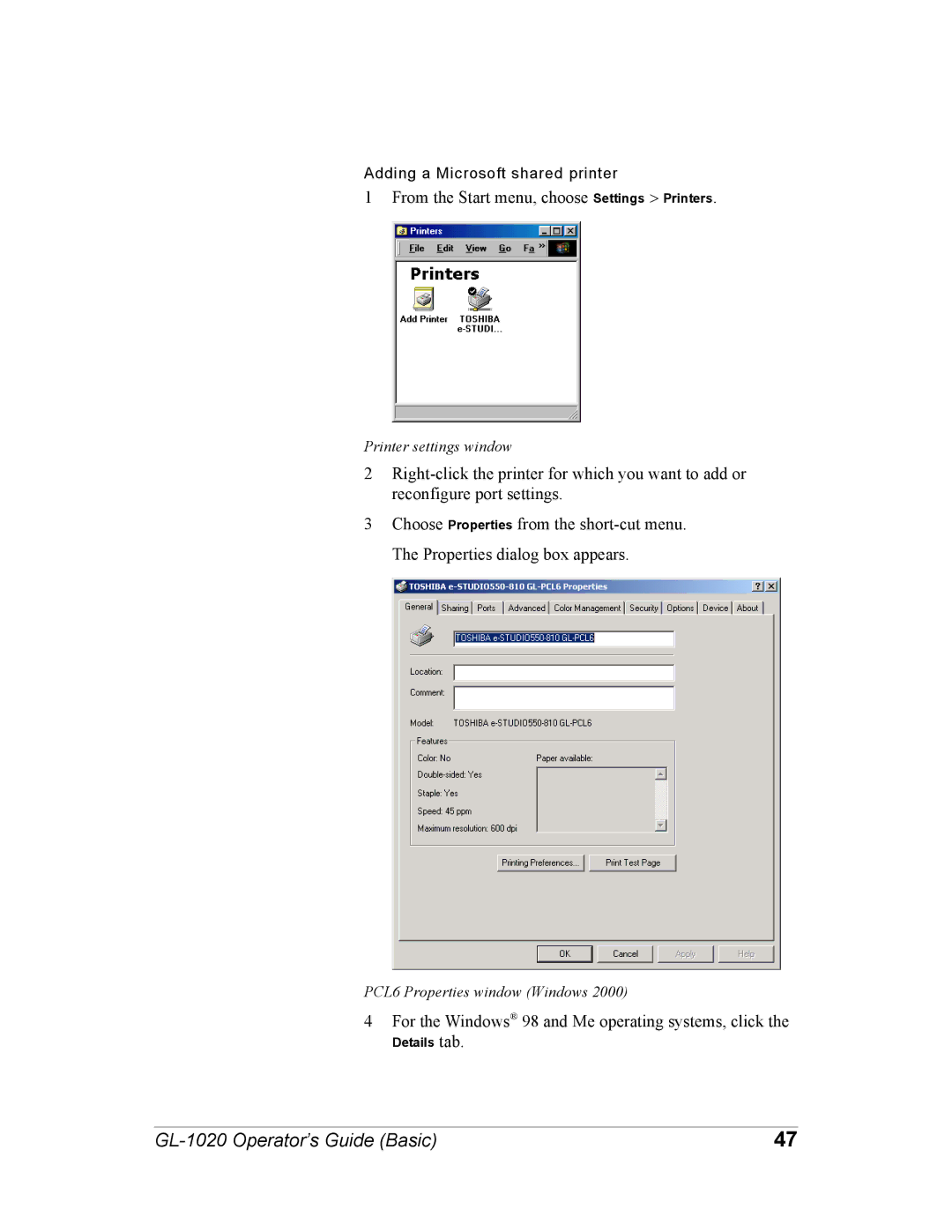 Toshiba GL-1020 manual From the Start menu, choose SettingsPrinters 