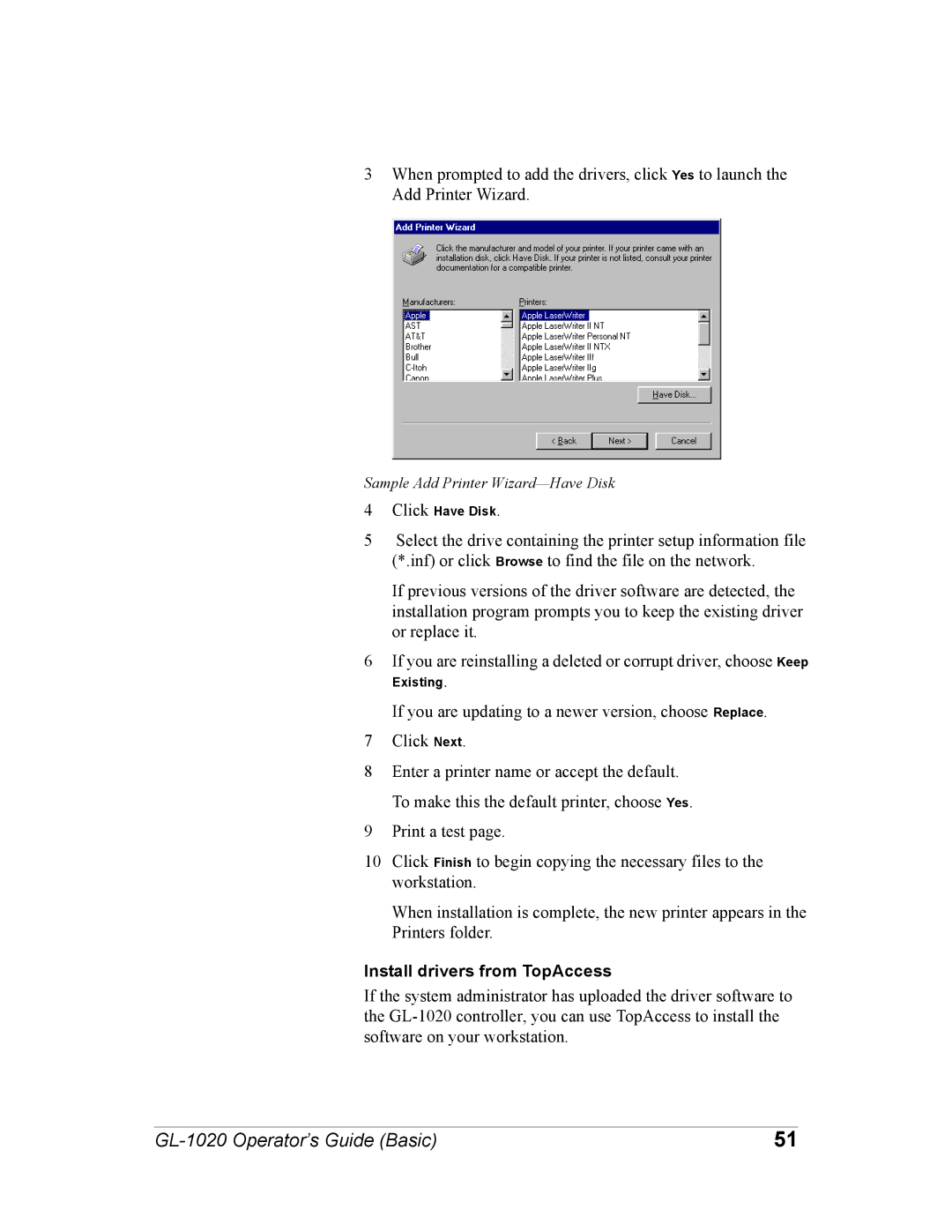 Toshiba GL-1020 manual Install drivers from TopAccess 