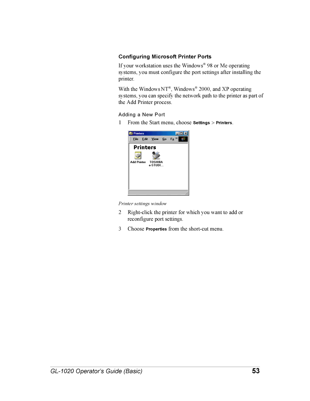 Toshiba GL-1020 manual Configuring Microsoft Printer Ports 