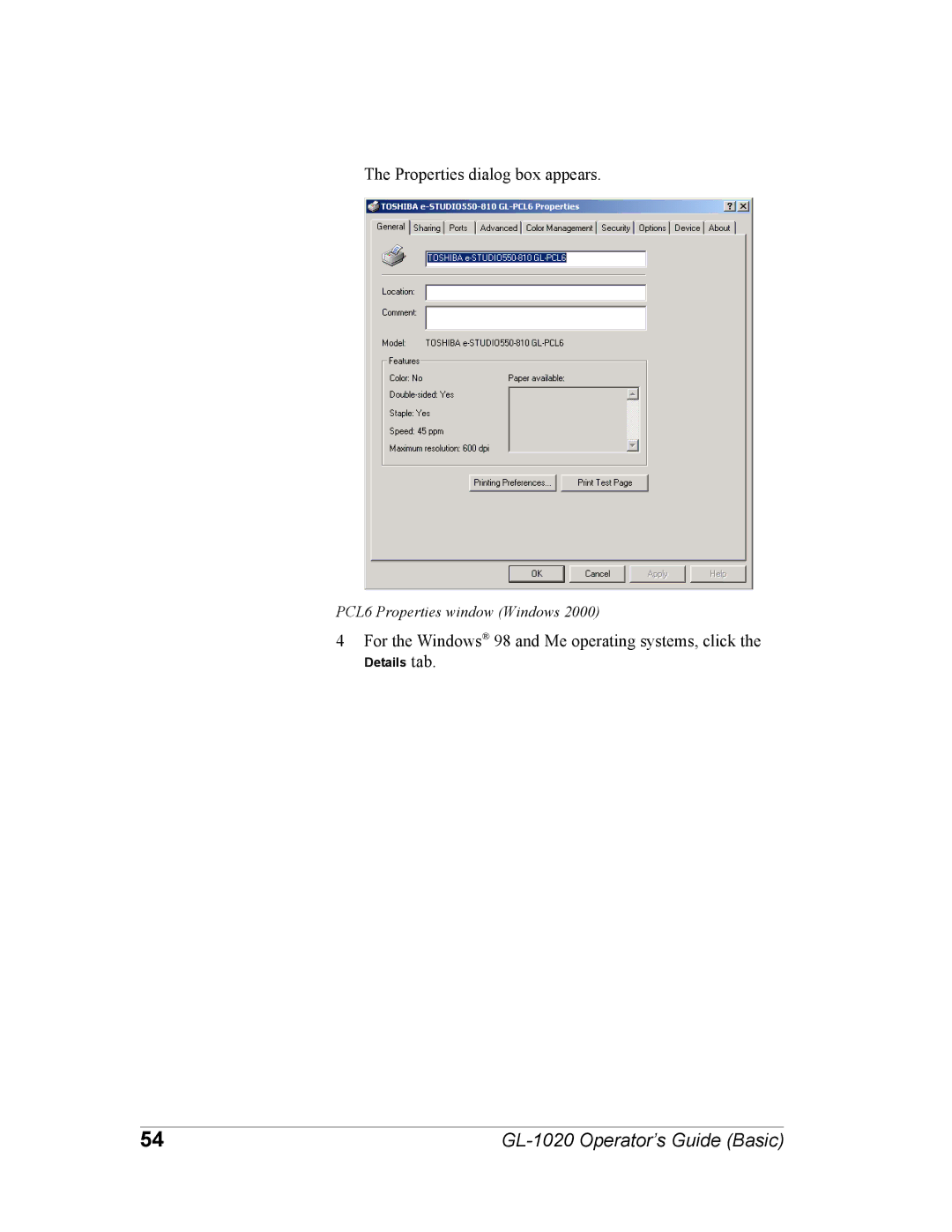 Toshiba GL-1020 manual Properties dialog box appears 