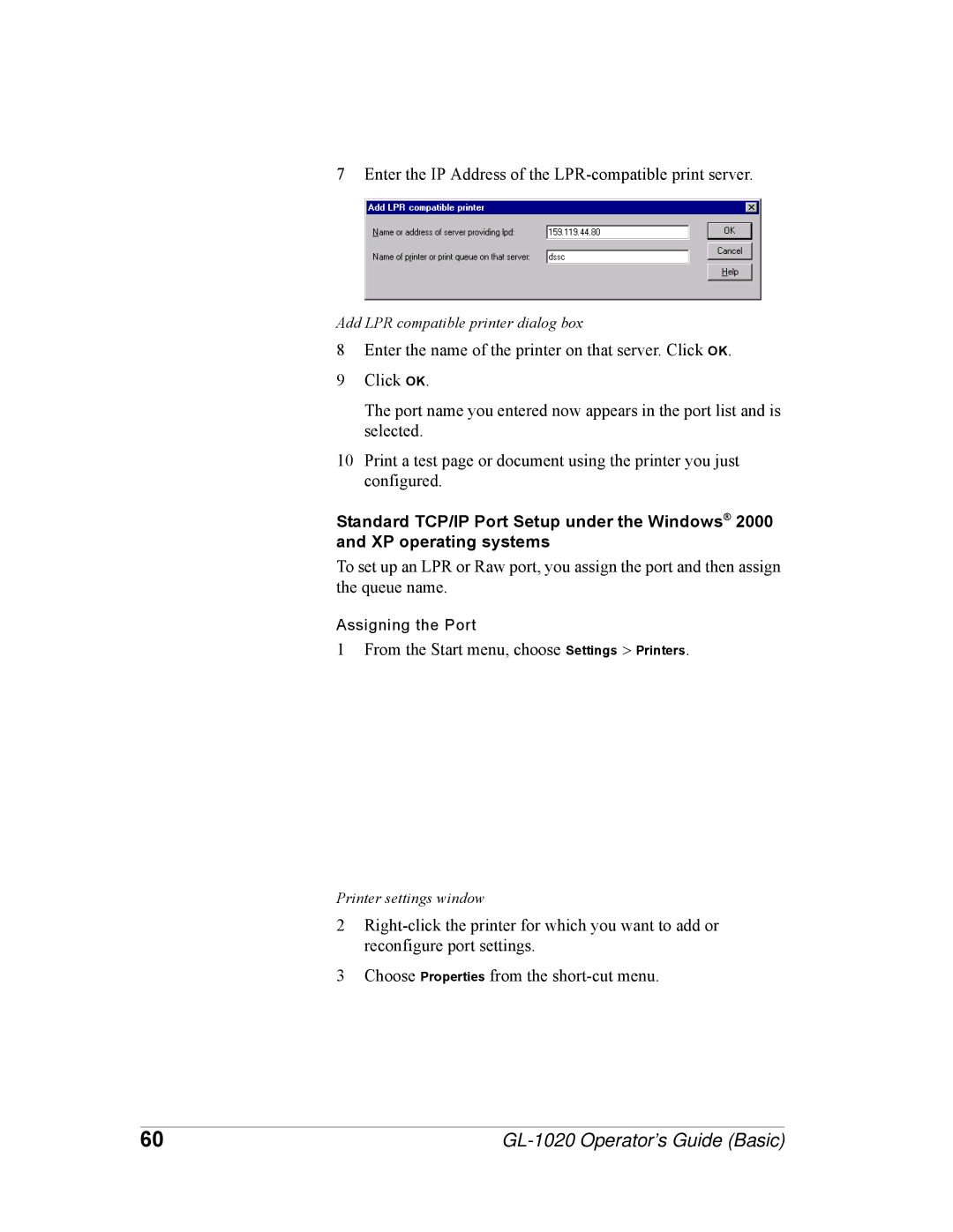 Toshiba GL-1020 manual Enter the IP Address of the LPR-compatible print server 