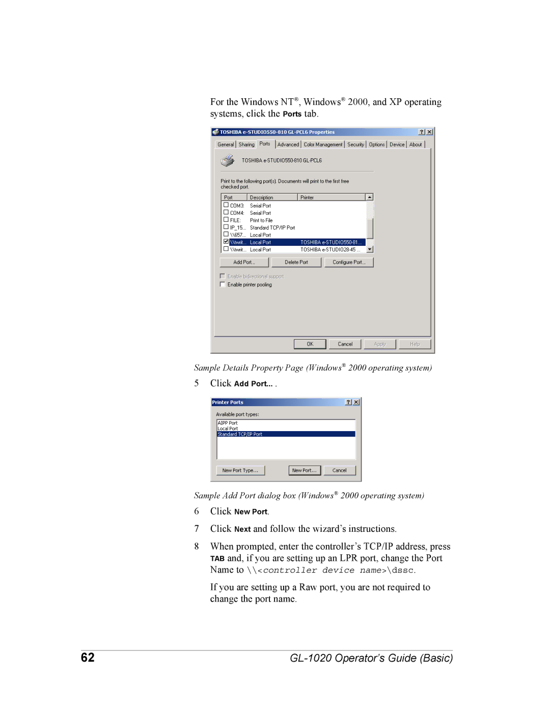 Toshiba GL-1020 manual Click New Port 