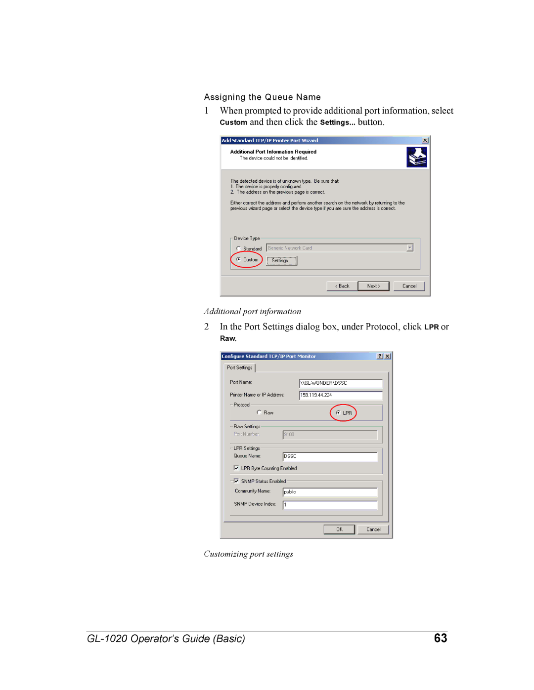 Toshiba GL-1020 manual Port Settings dialog box, under Protocol, click LPR or 