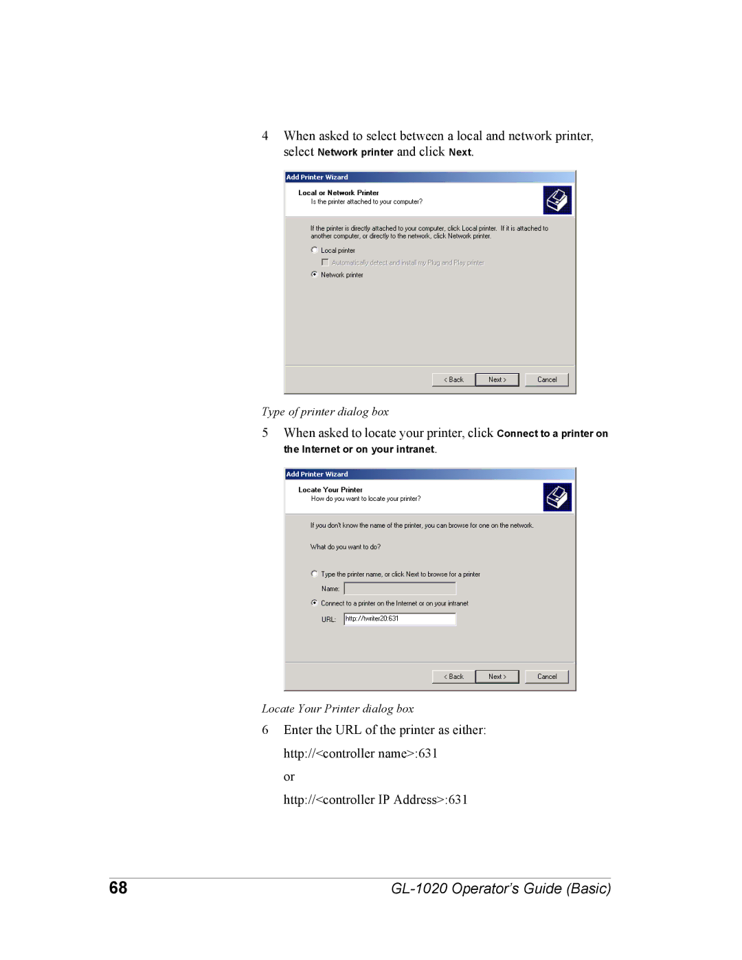 Toshiba GL-1020 manual When asked to select between a local and network printer 