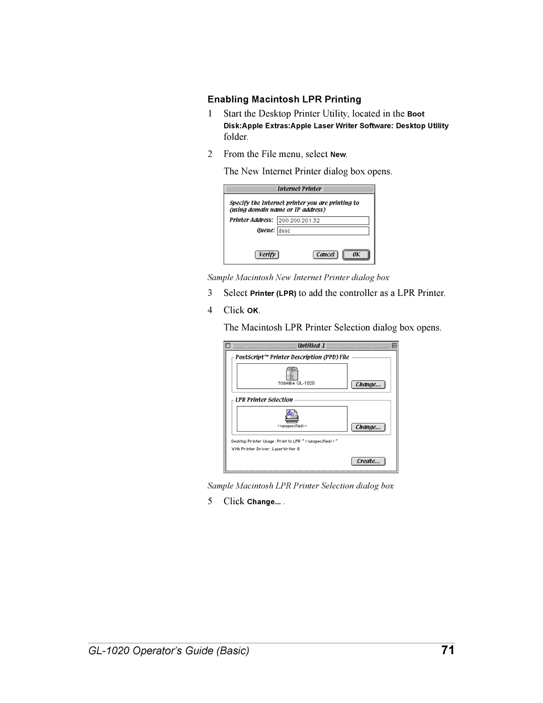 Toshiba GL-1020 manual Enabling Macintosh LPR Printing 