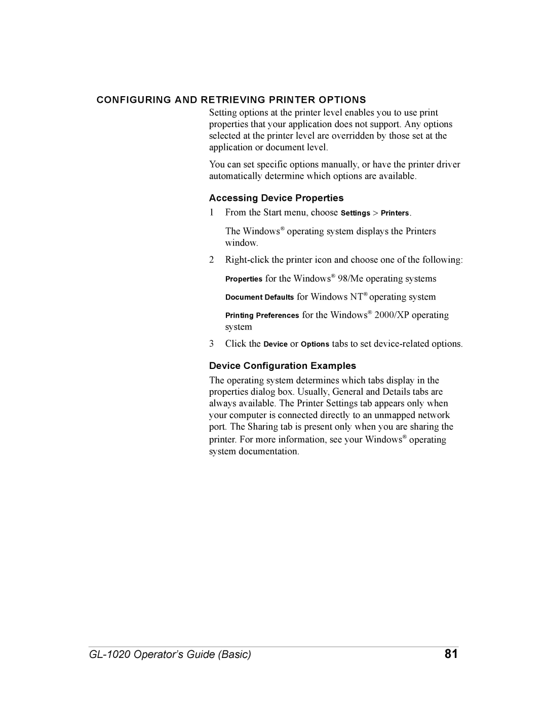 Toshiba GL-1020 Configuring and Retrieving Printer Options, Accessing Device Properties, Device Configuration Examples 