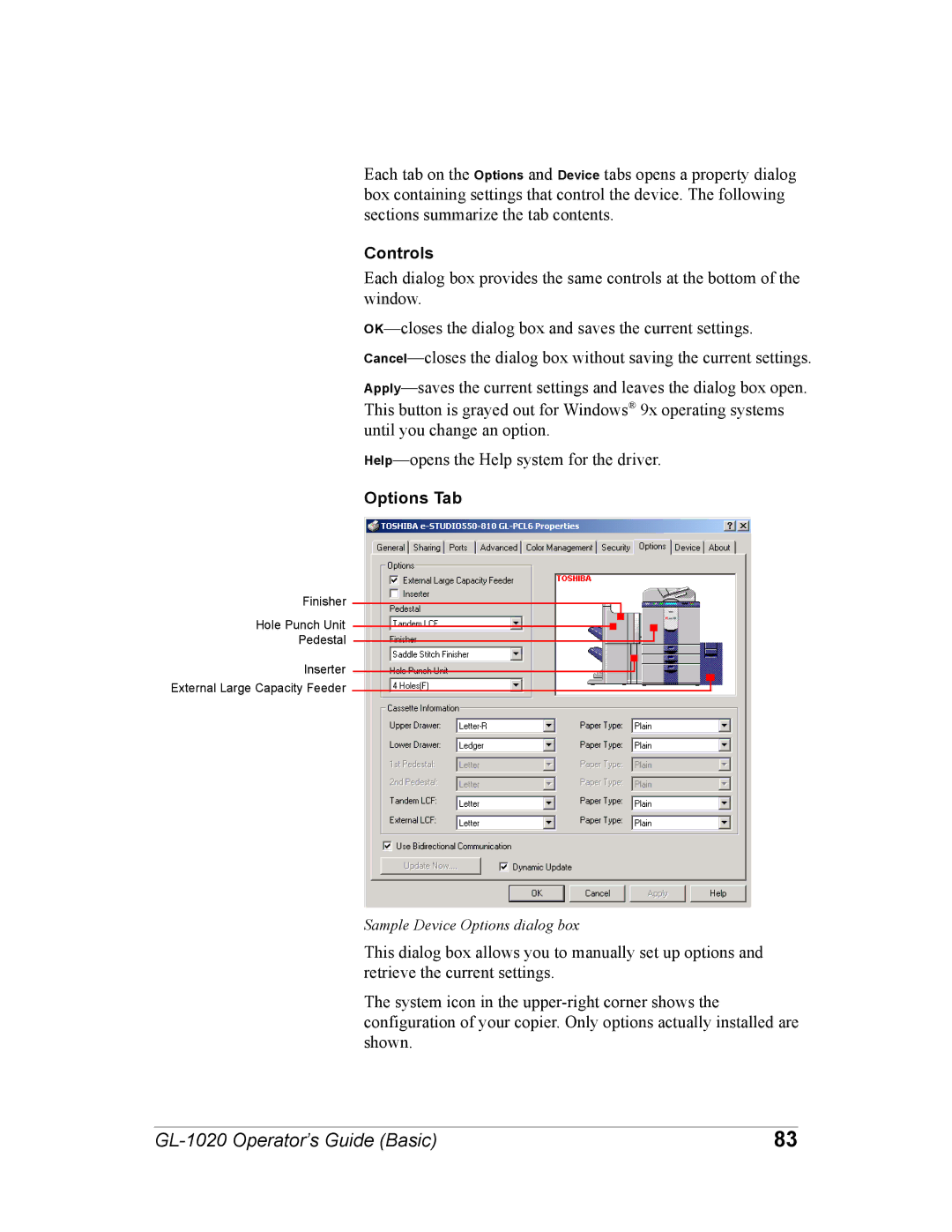 Toshiba GL-1020 manual Controls, Options Tab 