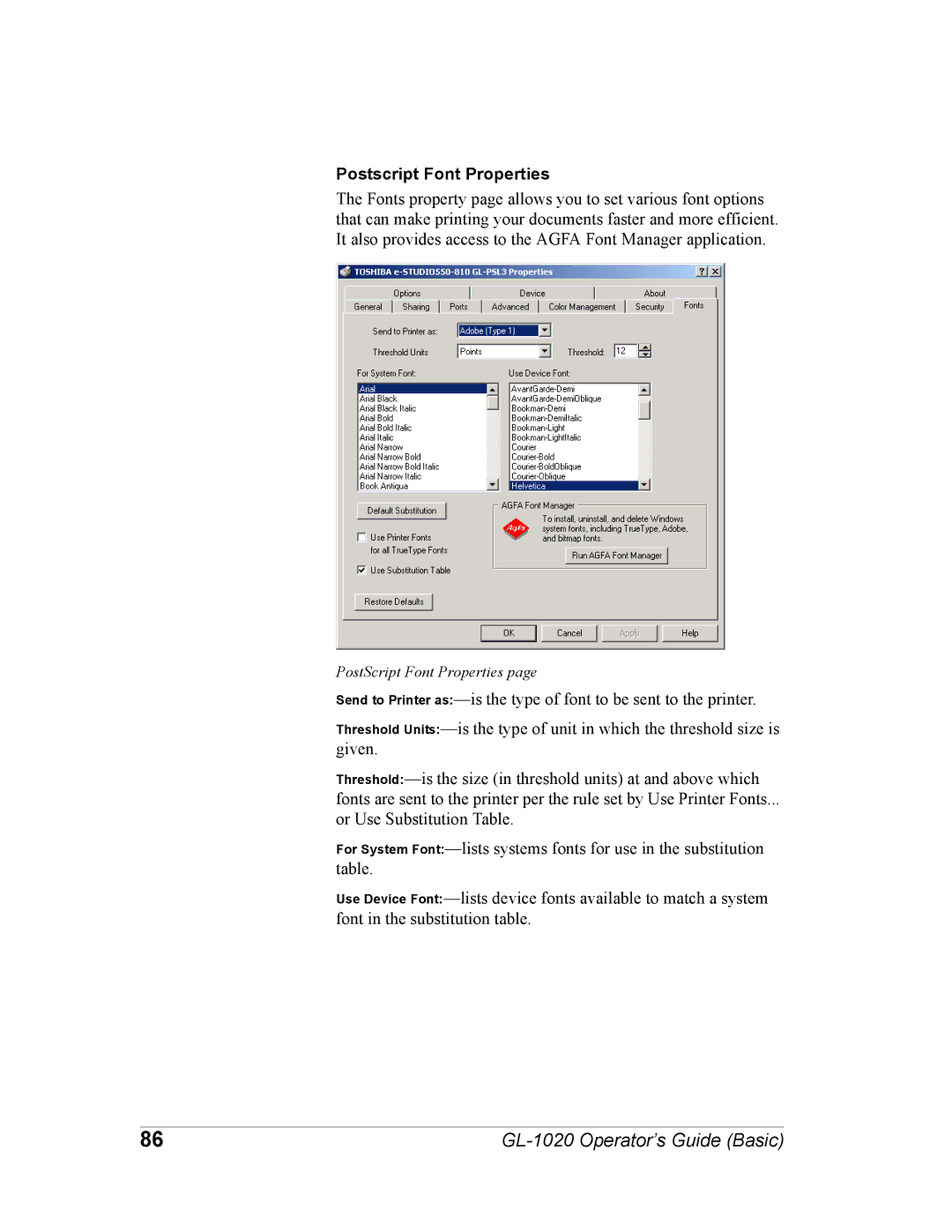 Toshiba GL-1020 manual Postscript Font Properties 