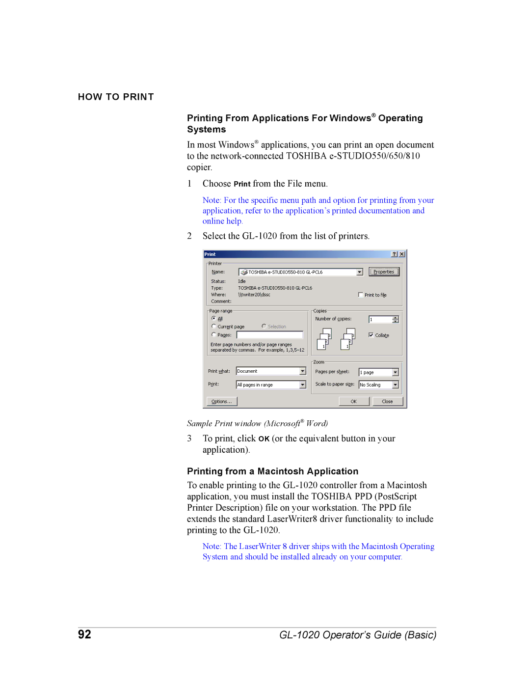 Toshiba GL-1020 manual HOW to Print, Printing From Applications For Windows Operating Systems 