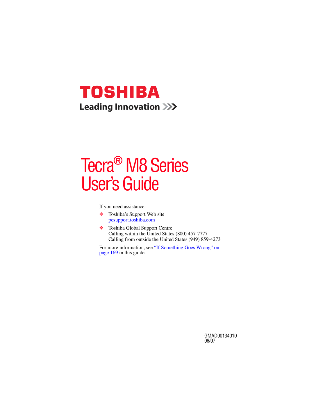 Toshiba manual Tecra M8 Series User’s Guide, GMAD00134010 06/07 