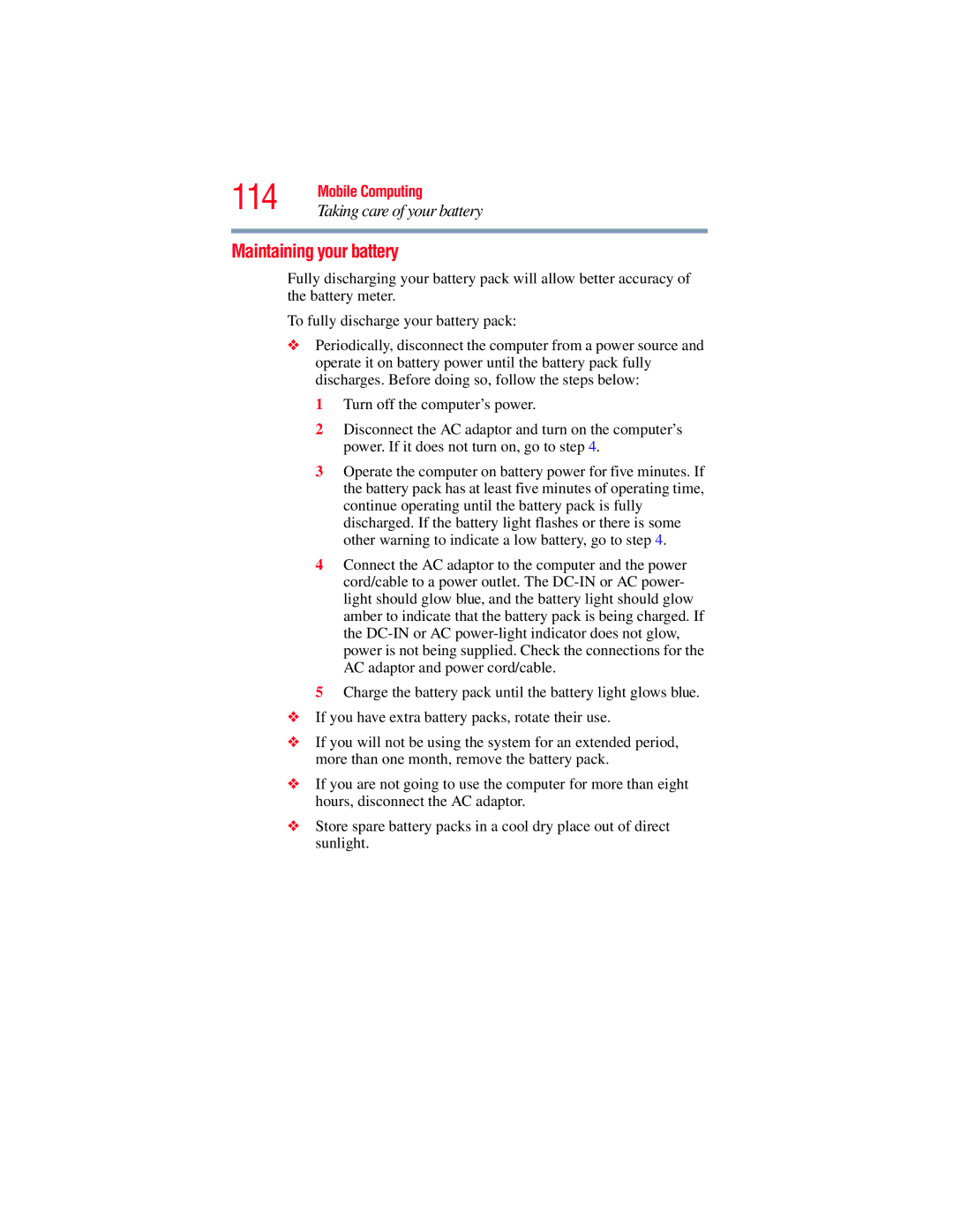 Toshiba GMAD00134010 manual 114, Maintaining your battery, Taking care of your battery 