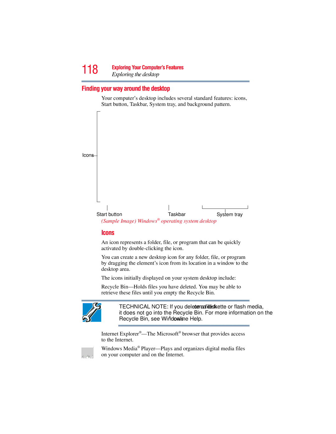 Toshiba GMAD00134010 manual 118, Finding your way around the desktop, Icons, Exploring the desktop 