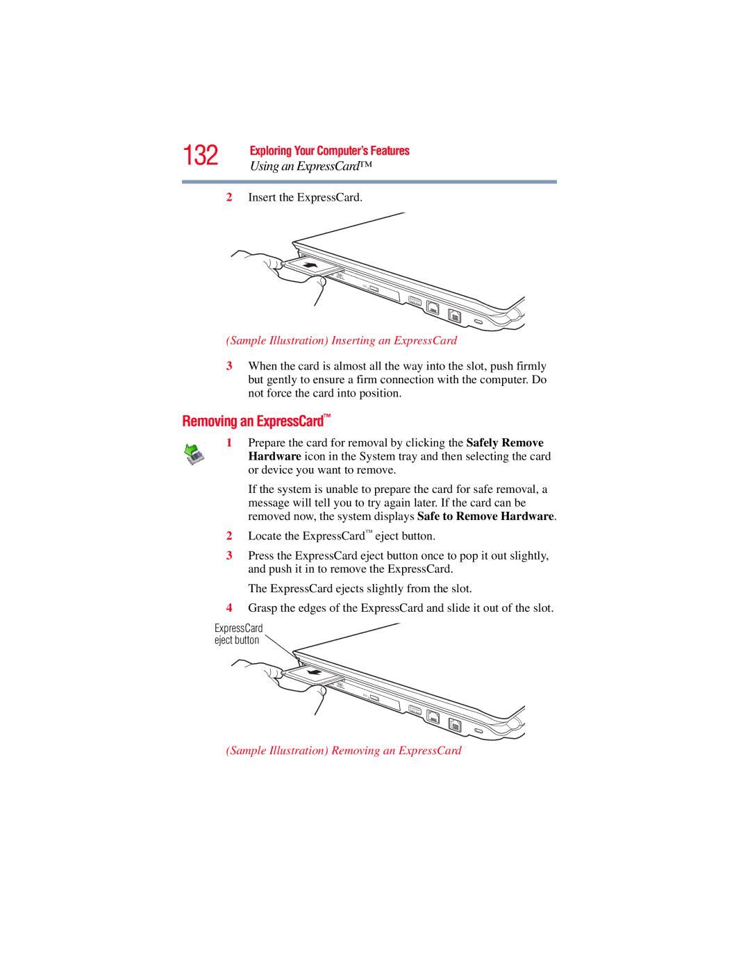 Toshiba GMAD00134010 manual 132, Removing an ExpressCard, Sample Illustration Inserting an ExpressCard 