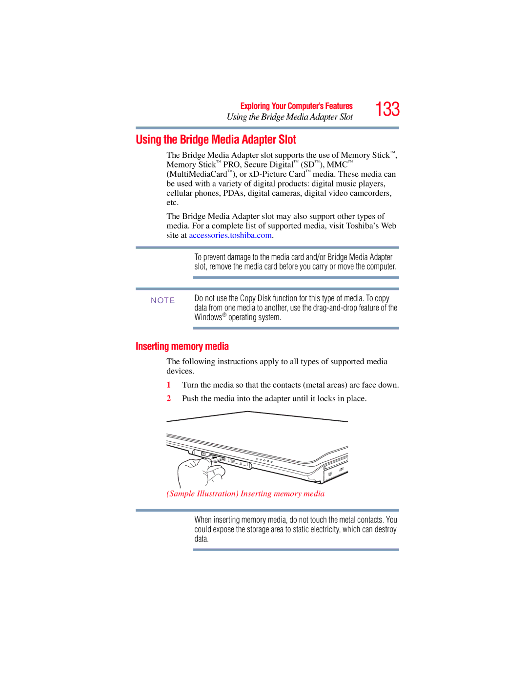 Toshiba GMAD00134010 manual 133, Using the Bridge Media Adapter Slot, Inserting memory media, Windows operating system 