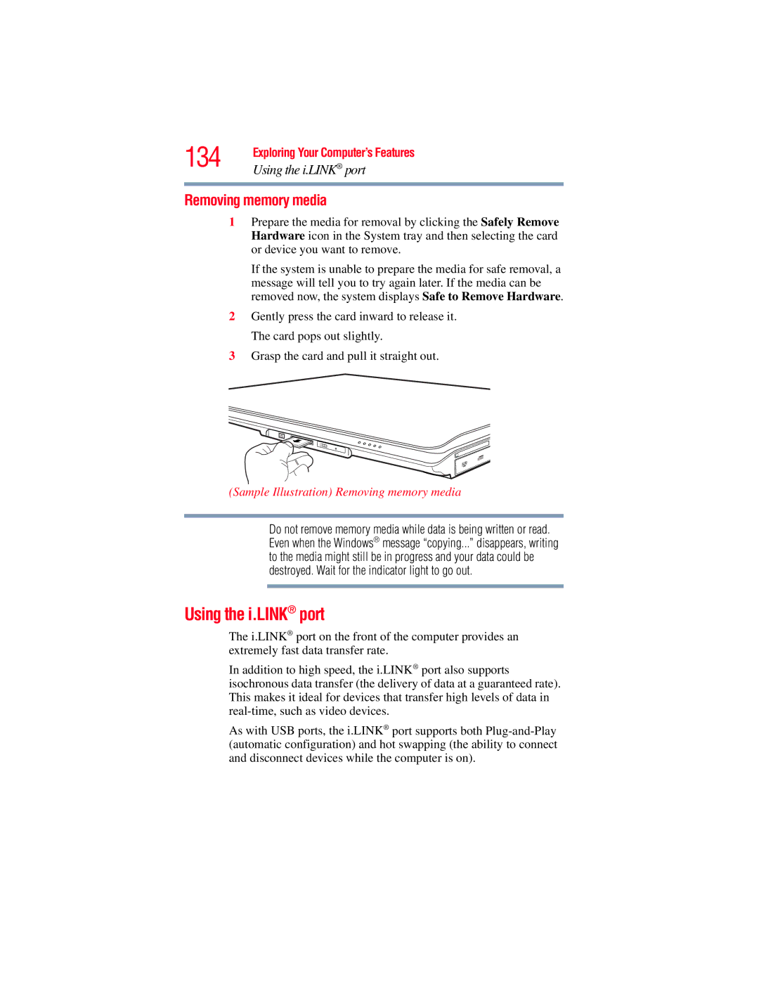 Toshiba GMAD00134010 manual Using the i.LINK port, Sample Illustration Removing memory media 