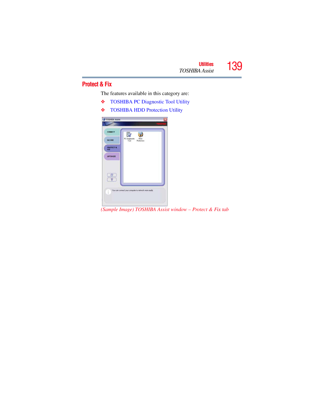 Toshiba GMAD00134010 manual Sample Image Toshiba Assist window Protect & Fix tab 