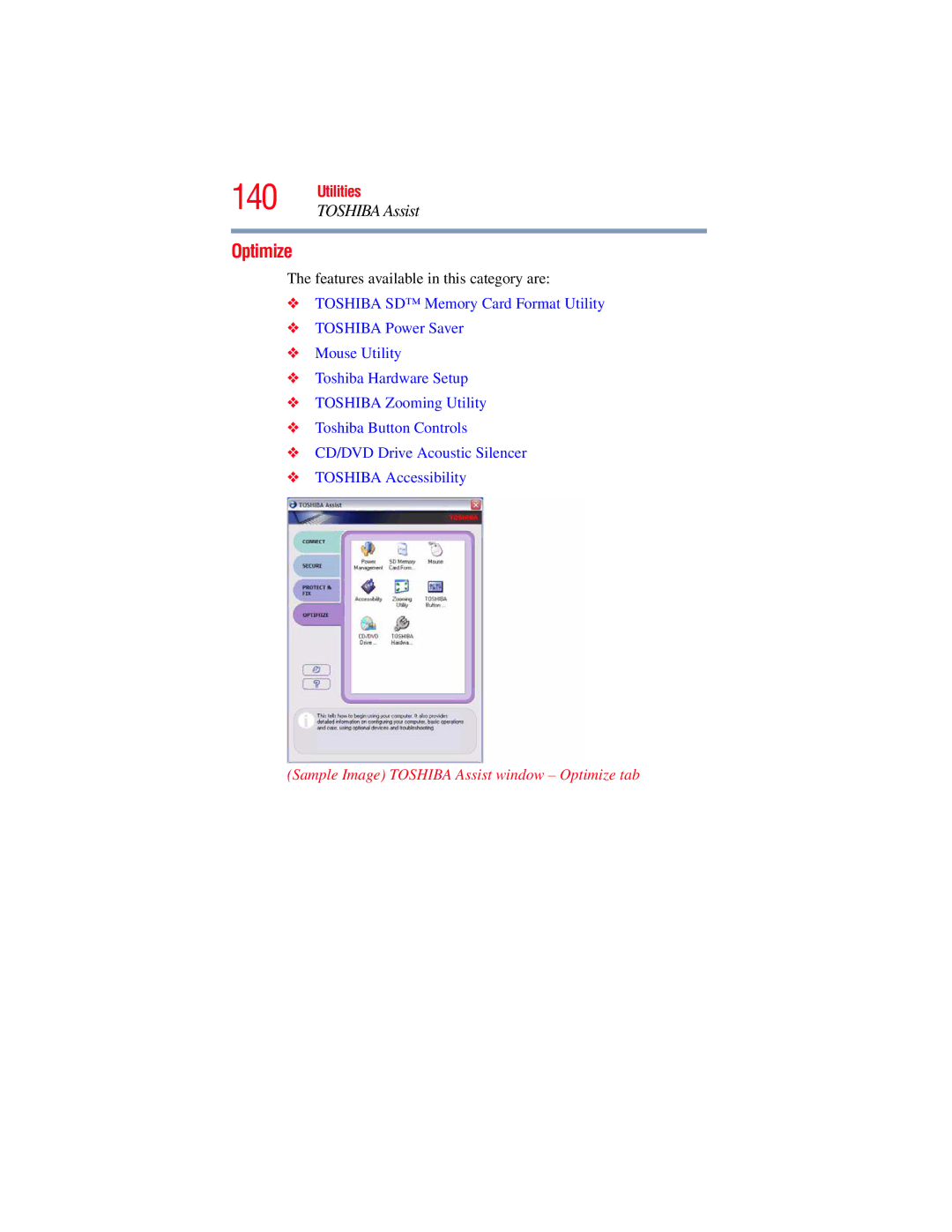 Toshiba GMAD00134010 manual Sample Image Toshiba Assist window Optimize tab 