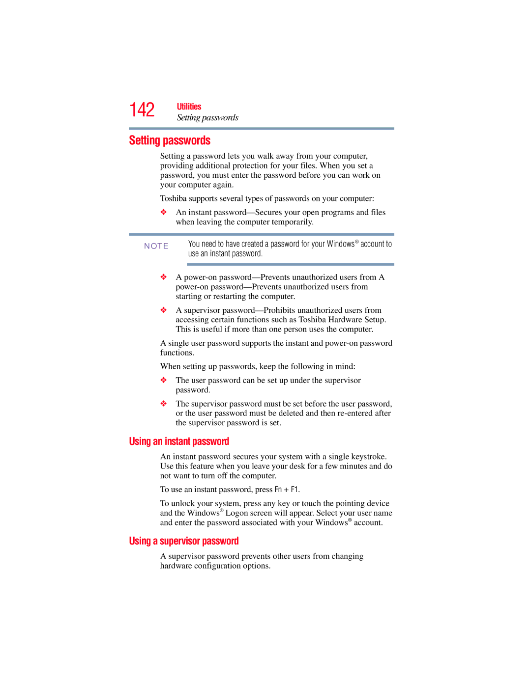 Toshiba GMAD00134010 Setting passwords, Using an instant password, Using a supervisor password, Use an instant password 