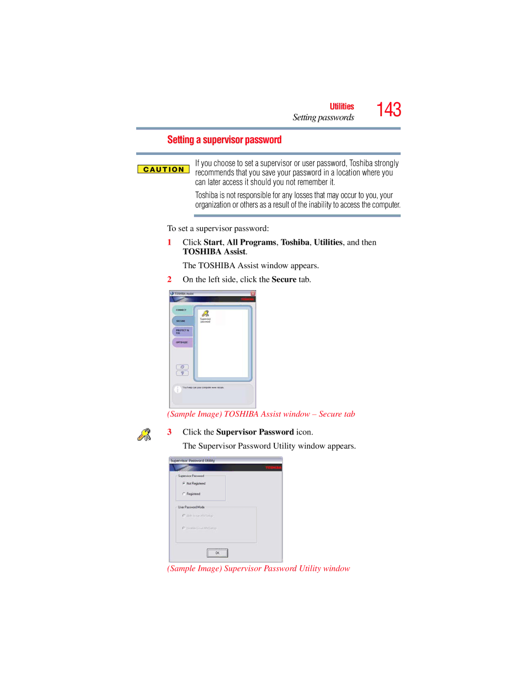 Toshiba GMAD00134010 manual Setting a supervisor password, Click the Supervisor Password icon 