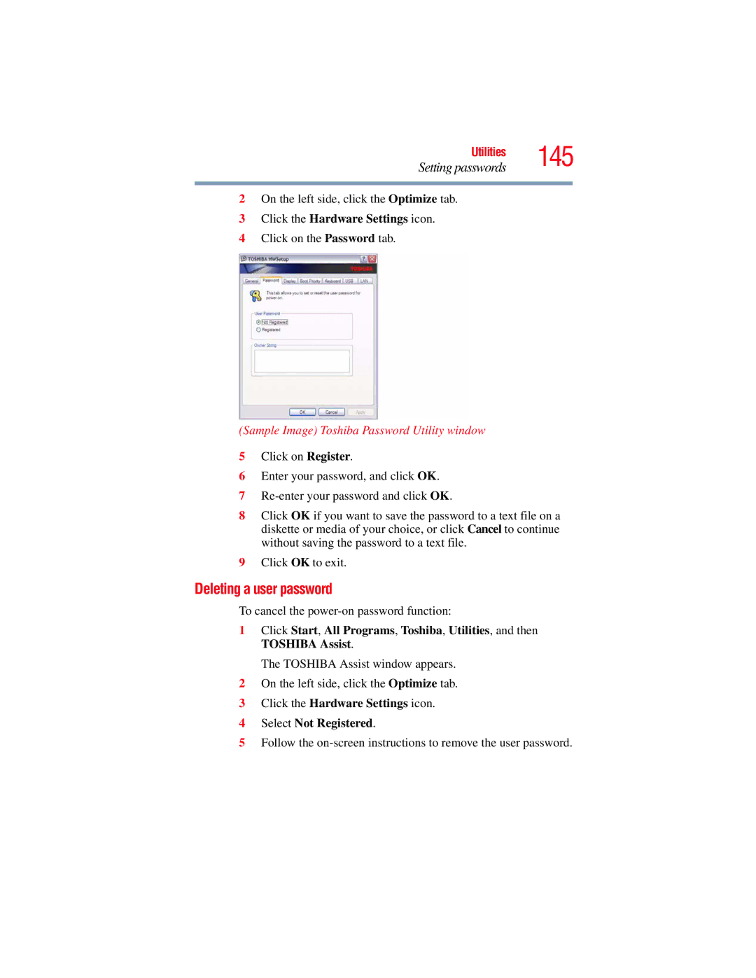 Toshiba GMAD00134010 manual Deleting a user password, Click the Hardware Settings icon 