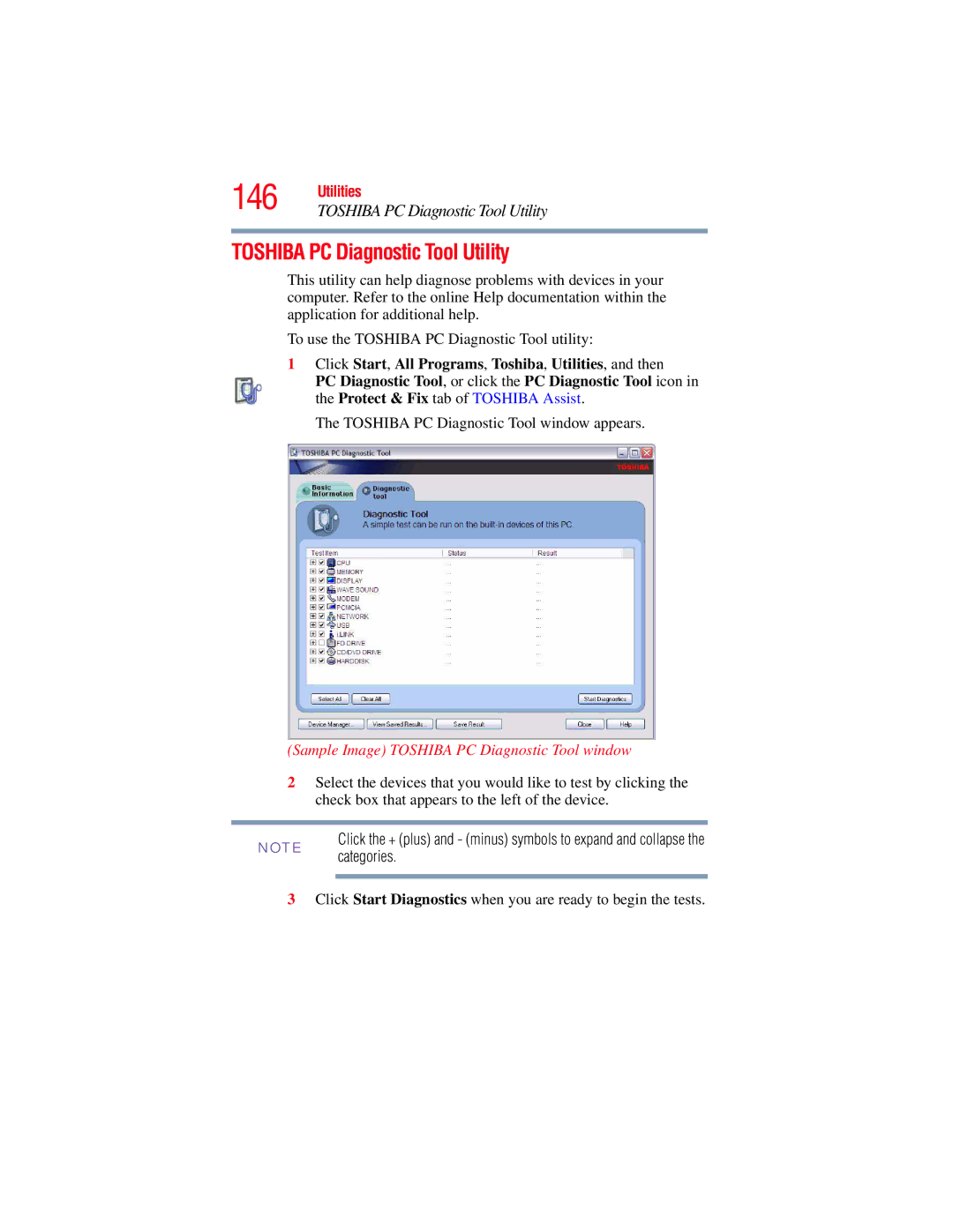 Toshiba GMAD00134010 manual Toshiba PC Diagnostic Tool Utility, Sample Image Toshiba PC Diagnostic Tool window, Categories 