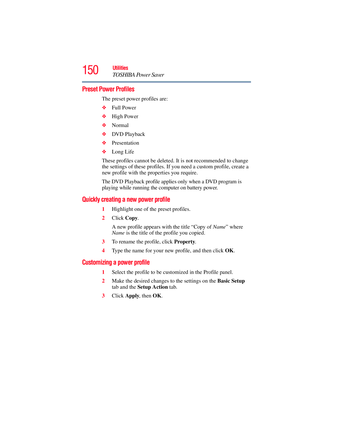 Toshiba GMAD00134010 manual Preset Power Profiles, Quickly creating a new power profile, Customizing a power profile 