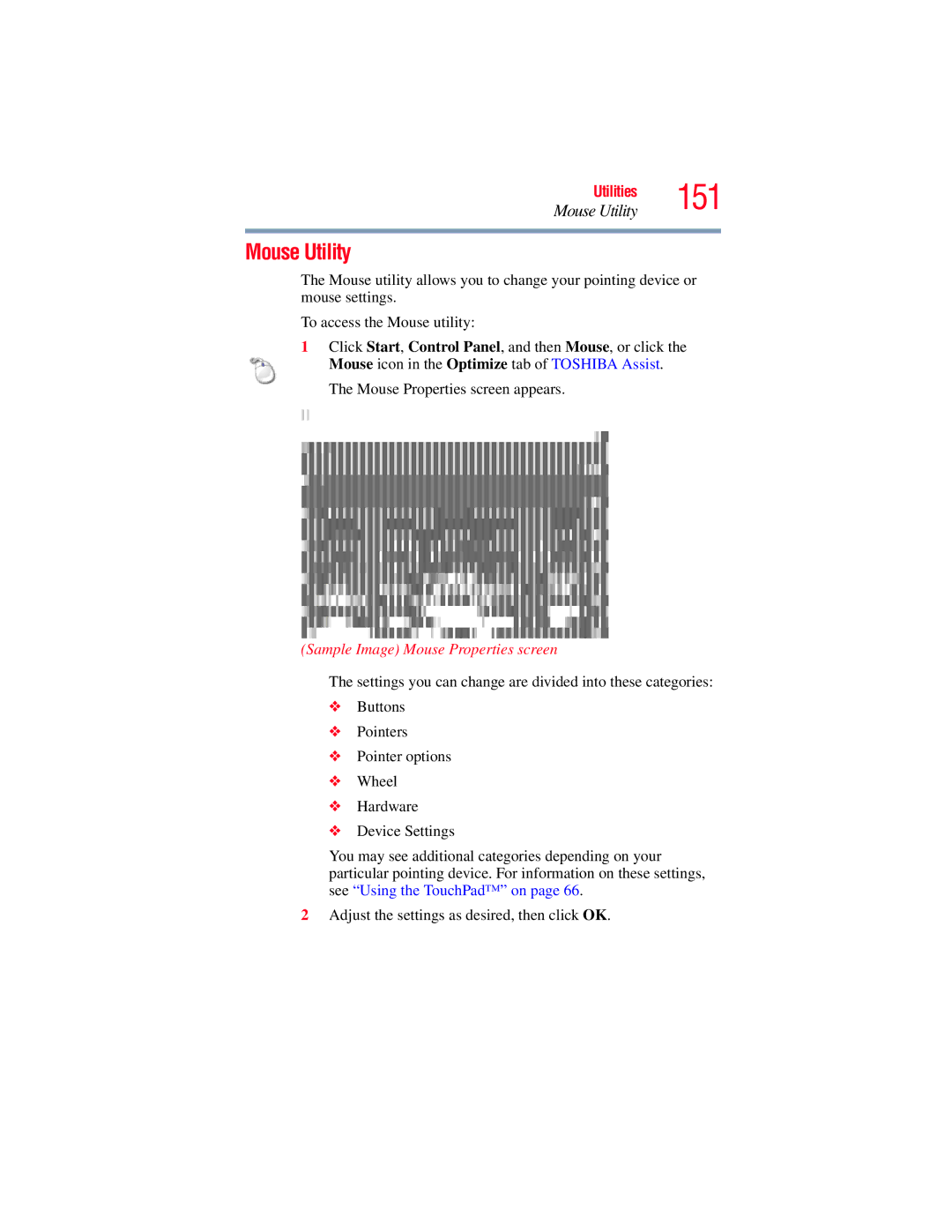 Toshiba GMAD00134010 manual Mouse Utility, Sample Image Mouse Properties screen 