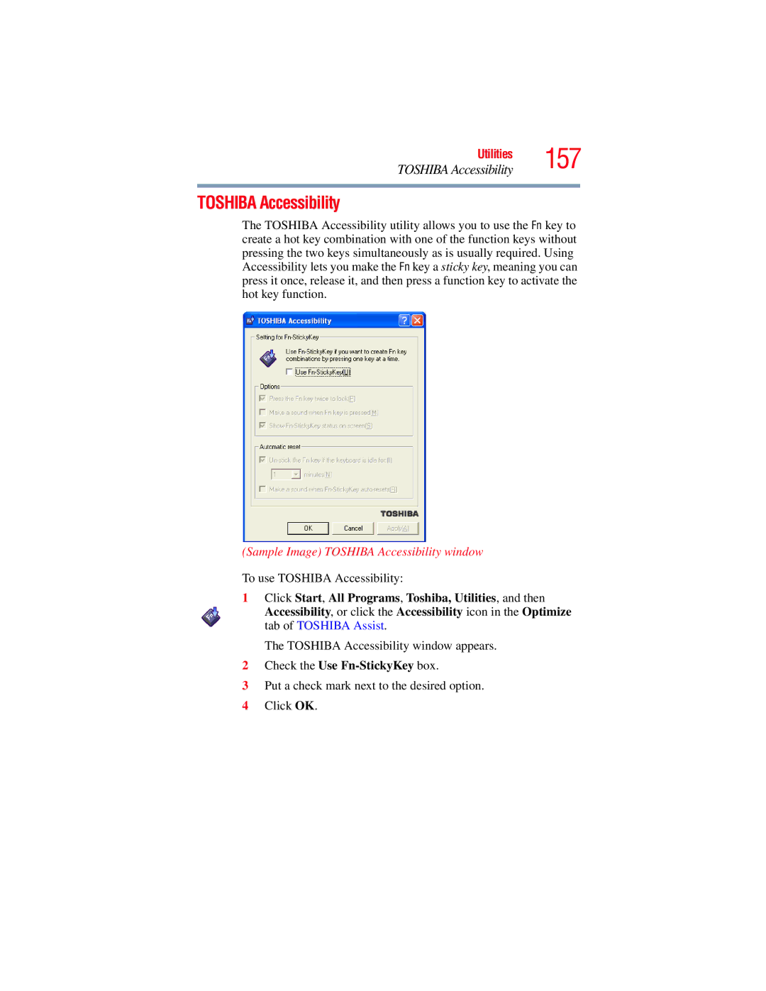 Toshiba GMAD00134010 manual Sample Image Toshiba Accessibility window, Check the Use Fn-StickyKey box 