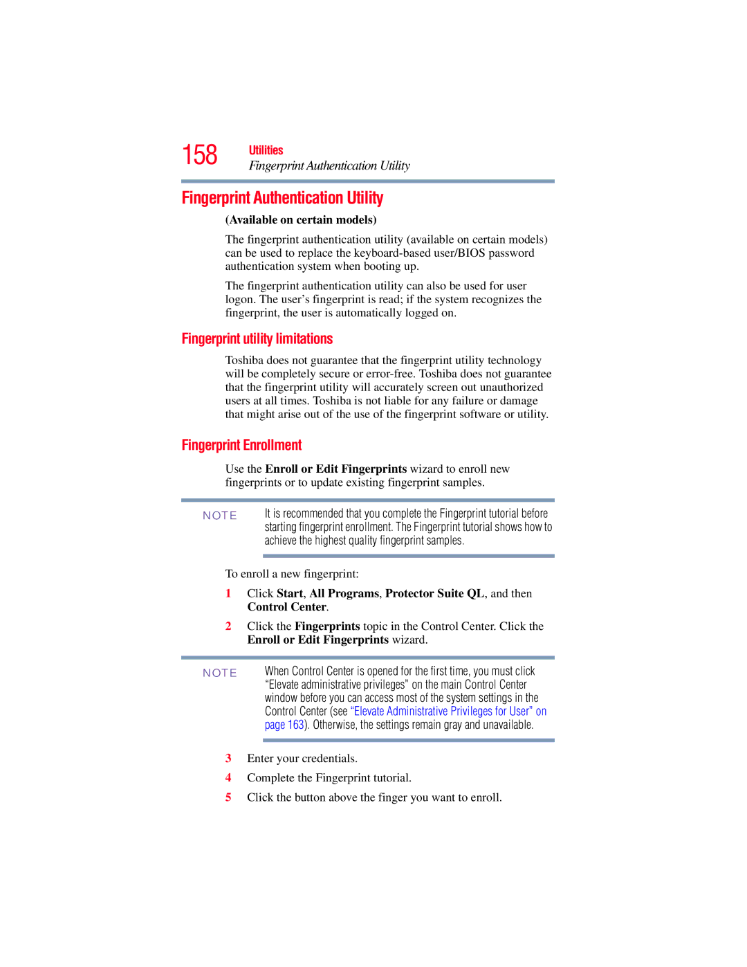 Toshiba GMAD00134010 manual Fingerprint Authentication Utility, Fingerprint utility limitations, Fingerprint Enrollment 