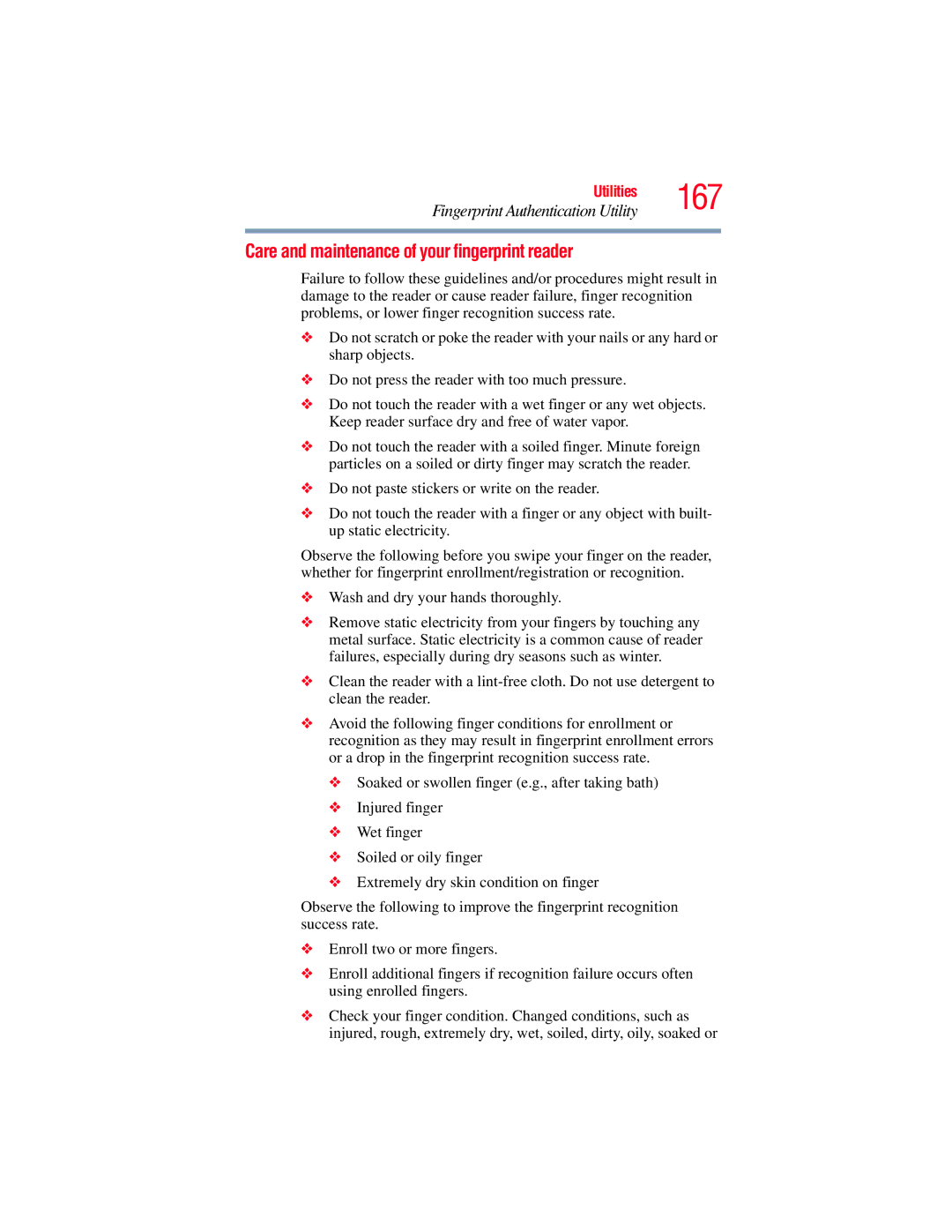 Toshiba GMAD00134010 manual Care and maintenance of your fingerprint reader 