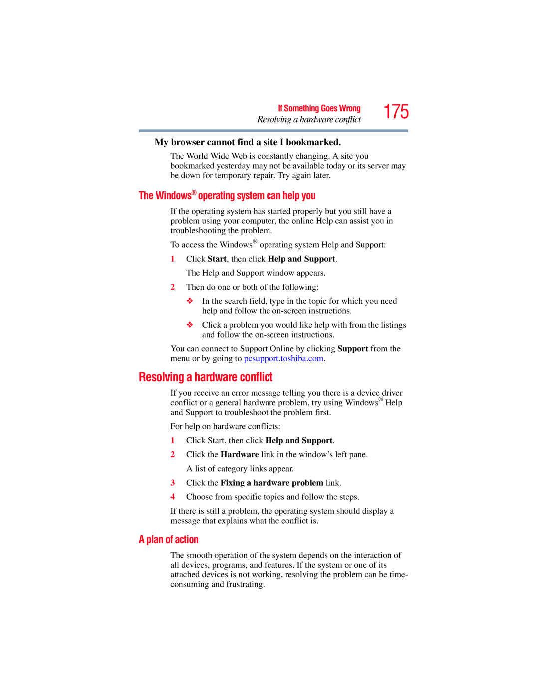 Toshiba GMAD00134010 manual 175, Resolving a hardware conflict, Windows operating system can help you, Plan of action 