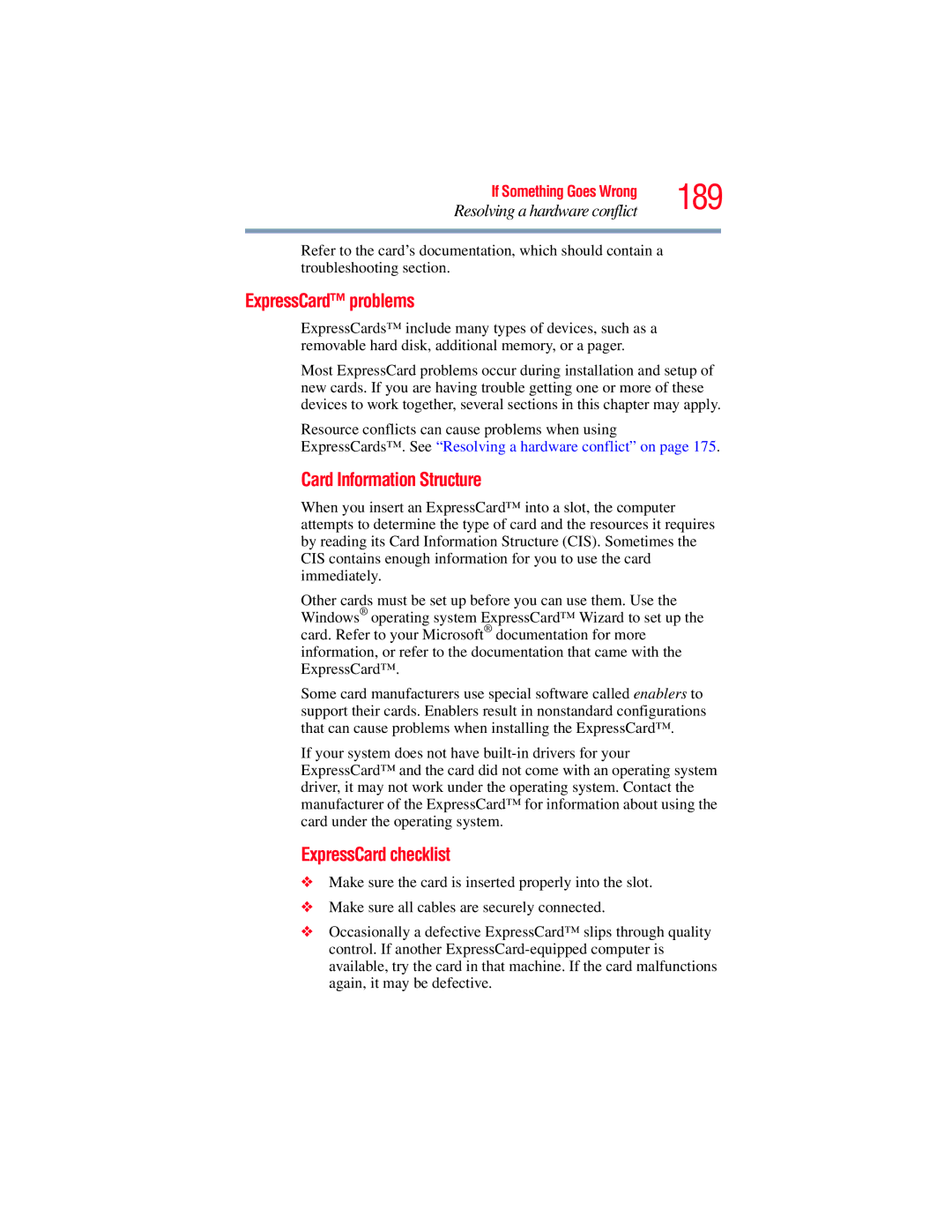 Toshiba GMAD00134010 manual 189, ExpressCard problems, ExpressCard checklist 