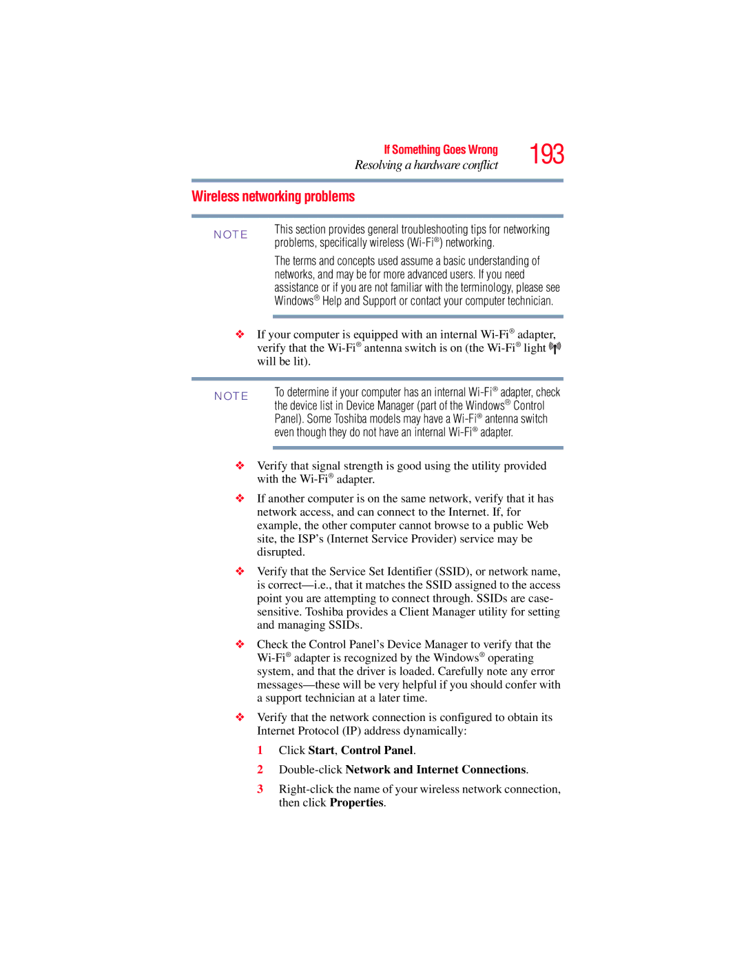 Toshiba GMAD00134010 manual 193, Wireless networking problems 