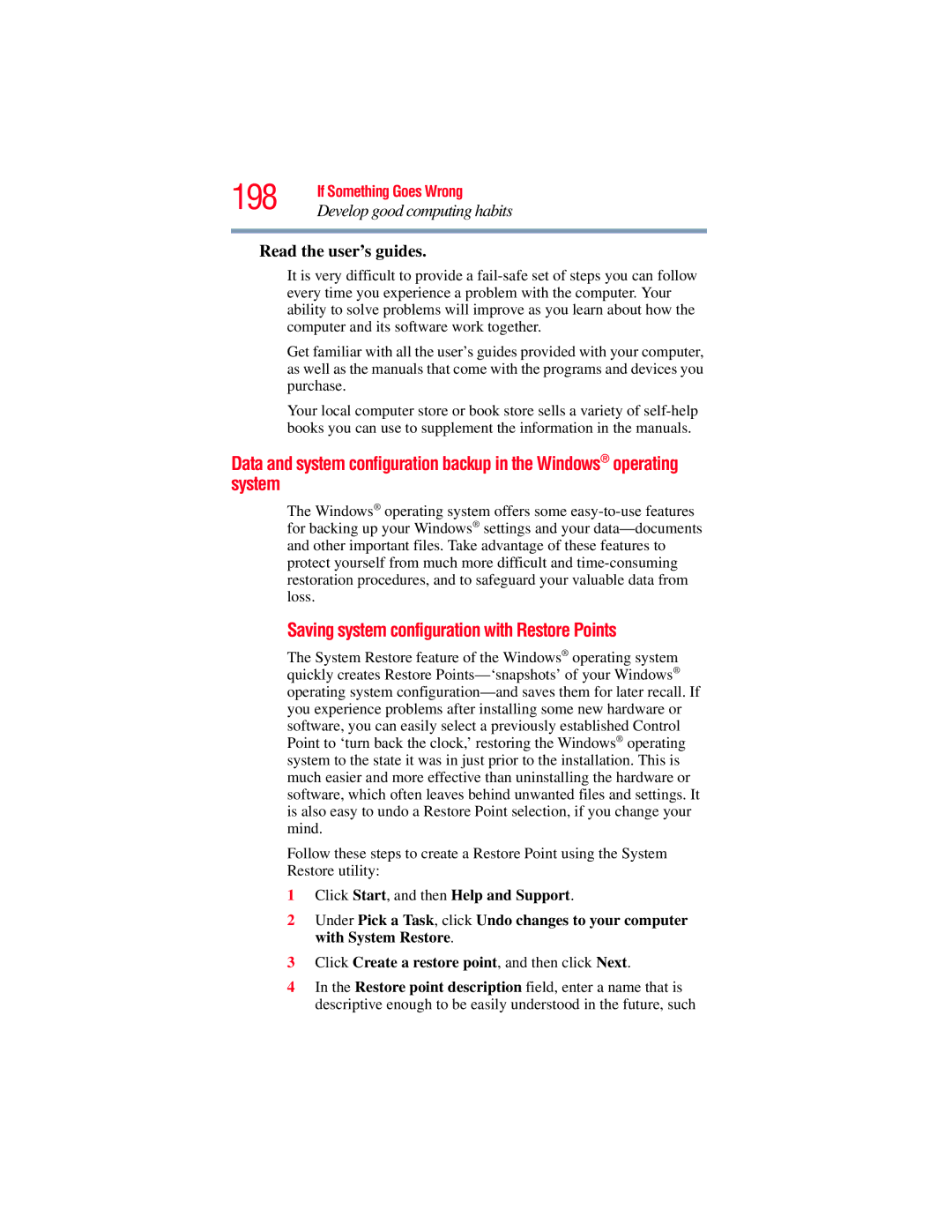Toshiba GMAD00134010 manual 198, Saving system configuration with Restore Points, Develop good computing habits 